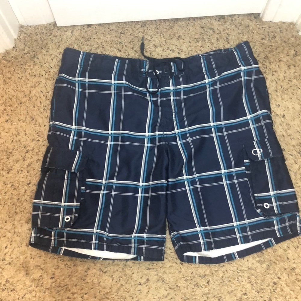 Men’s OP SZ XL/40/42  Board, trunks, blue & white plaid, tie waisted, pockets,